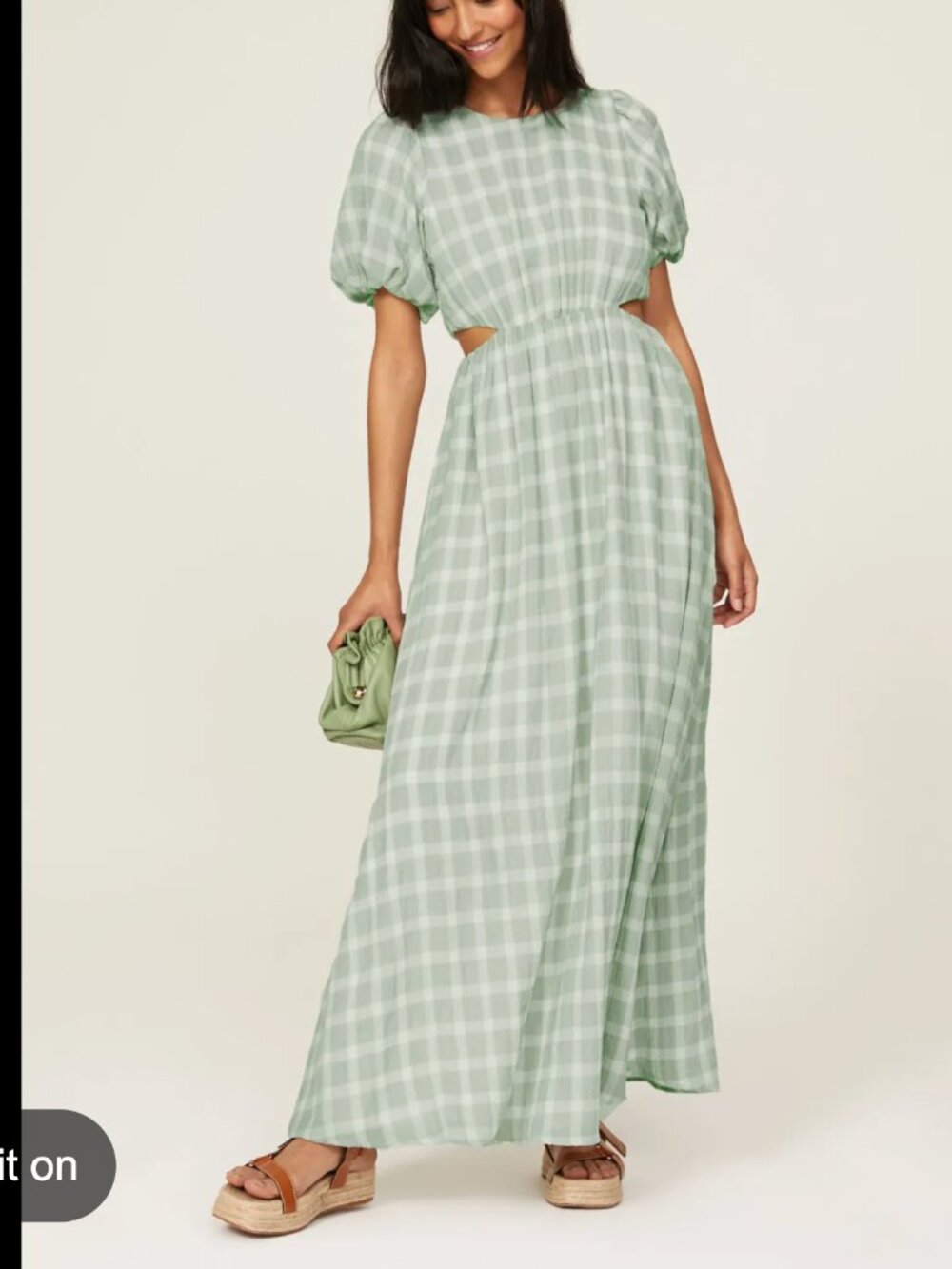 Show Me Your MuMu | Eloise Pastel Sage Plaid Puff Sleeve Cutout Maxi Dress | (M)